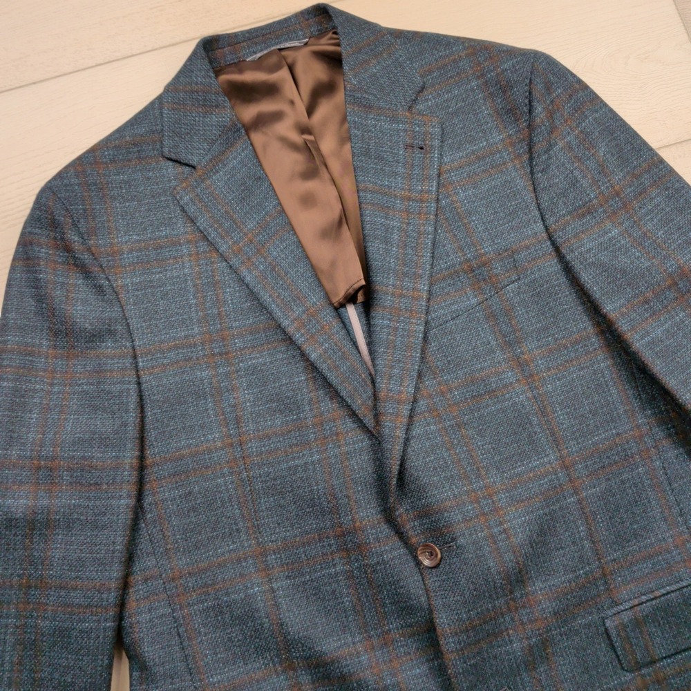 Jack Victor Midland SPJ Mens 44L Sport Coat Blue Brown Plaid 100% Wool Italy